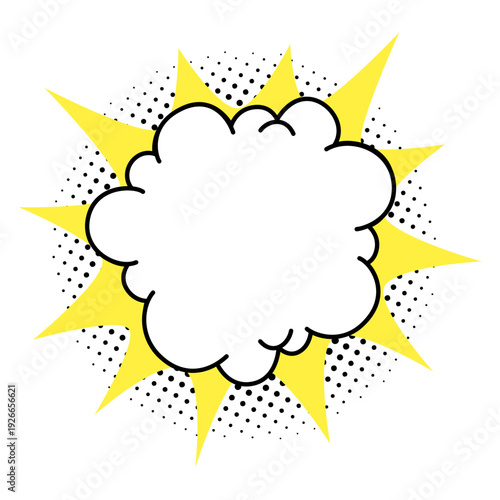 Comic cloud speech bubble with yellow starburst rays and black halftone dots in retro pop art vector style. Cloud bubble starburst shape for sale banners and promo labels