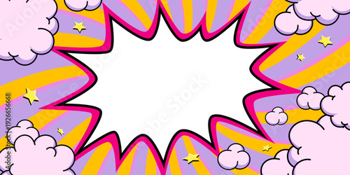 comic banner with starburst pink text box and blank center over purple and yellow radial background with clouds and small stars in pop art style.