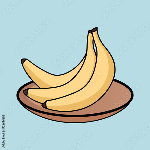Three ripe bananas rest on a brown plate against a blue background