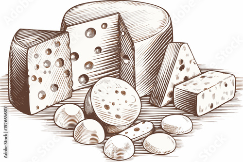 A sketch of swiss cheese including a wheel and several cut pieces