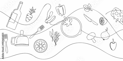 A continuous line drawing depicting various fruits vegetables and kitchen items