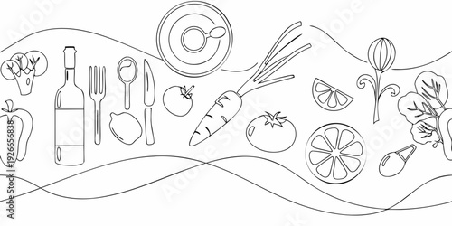 Linear drawing of various food items and kitchen utensils arranged horizontally