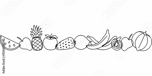 A hand drawn row of various fruits including watermelon banana and pineapple