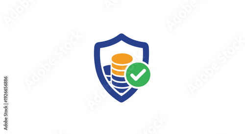Shield with coins and check mark.