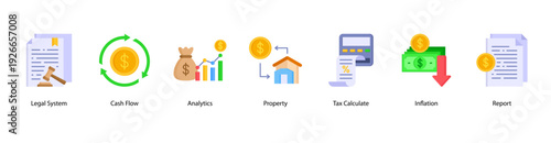 Financial Operations web banner vector illustration featuring Legal System, Cash Flow, Analytics, Property, Tax Calculate, Inflation, and Report.