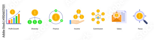 Profit and Growth web banner vector illustration featuring Profit Growth, Diversity, Finance, Income, Commission, Salary, and Focus.