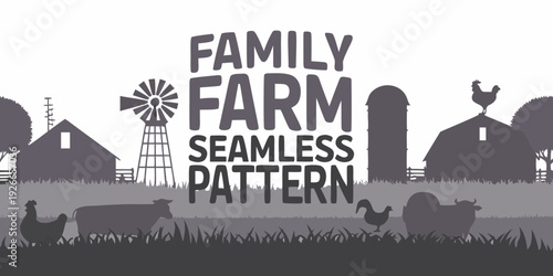 Family farm seamless pattern featuring rural scenes and farm animals