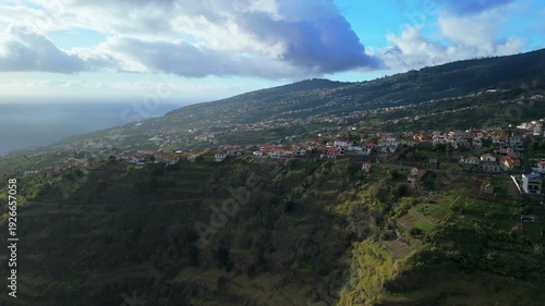 Aerial View of Hillside Homes Overlooking Atlantic Ocean, Madeira Island Portugal