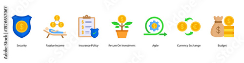 Investment and Security web banner vector illustration featuring Security, Passive Income, Insurance Policy, Return On Investment, Agile, Currency Exchange, and Budget.
