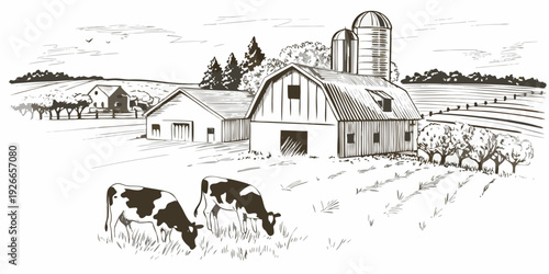 A vintage illustration of a rural farm scene with barns and cows
