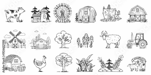 A collection of hand drawn farm elements including animals buildings and plants