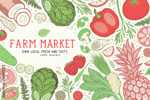 A colorful illustration depicting a variety of fresh organic fruits and vegetables