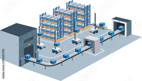 Automated warehouse with AGV robots, conveyor belts, and high-density storage racks illustrating modern logistics automation and smart supply chain operations.