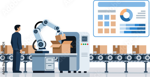 Industrial robot arm packing boxes on conveyor line while worker monitors production dashboard in automated warehouse logistics system.