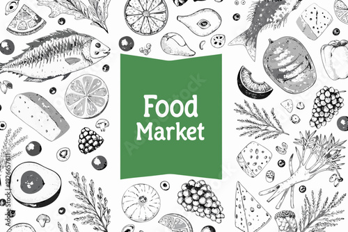 Vintage food market illustration featuring fruits fish and vegetables