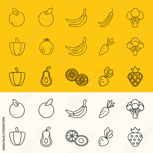 Line art illustrations of various fruits and vegetables arranged in a grid