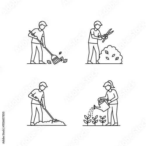 Line art illustrations of people performing various gardening and yard work tasks.