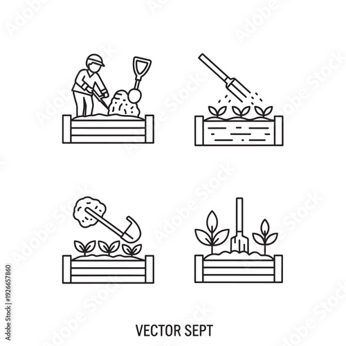 Gardening Tools and Activities Illustrated in Simple Line Art.