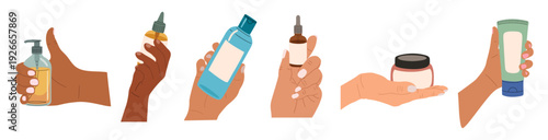 Flat vector illustration set of diverse hands holding skincare bottles, dropper serums, cream jar and cosmetic tube isolated on transparent background