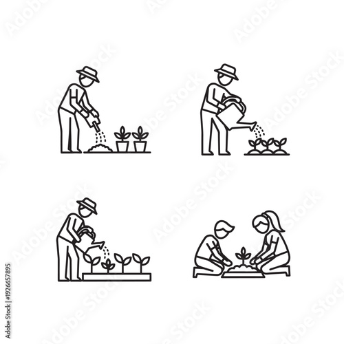 Four illustrations of people gardening and nurturing plants together.