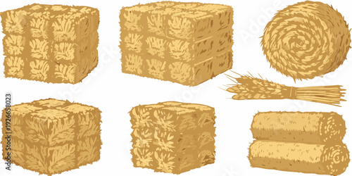Illustration of stacked and rolled hay bales with wheat stalks