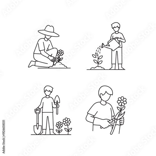Gardener tending to plants with care and gardening tools.