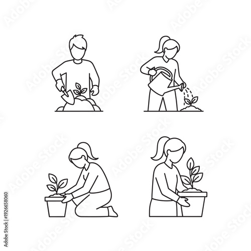 Simple line illustrations of people gardening and nurturing plants.