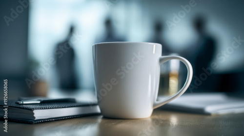 White ceramic coffee mug sitting on a wooden office desk beside a notebook and pen with blurred businesspeople in a modern workplace environment background