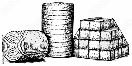 Sketch of stacked hay bales in various forms rustic agricultural scene