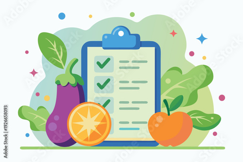 Healthy eating checklist with fresh fruits and vegetables illustration