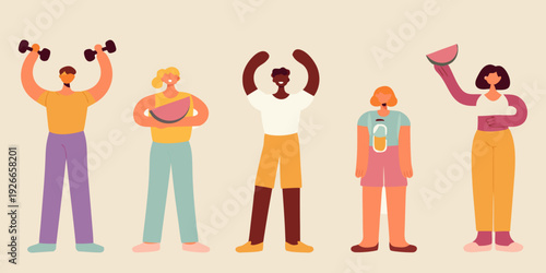 Diverse group of people celebrating with dumbbells food and drinks