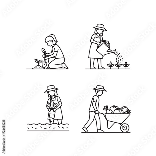 Four simple line drawings of a woman gardening and harvesting vegetables.
