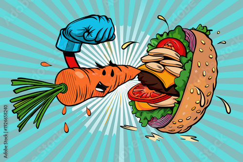 A cartoon carrot punches a large colorful cheeseburger with enthusiasm