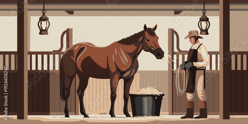 A cowboy tending to a brown horse inside a rustic stable setting