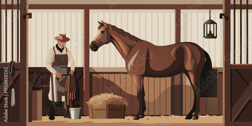 A cowboy tending to a chestnut horse inside a wooden stable stall