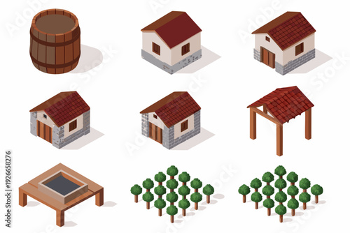 Isometric village elements including houses a barrel and greenery