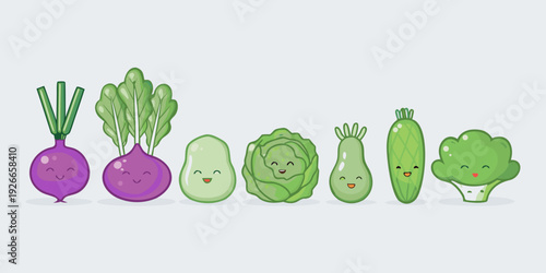 A charming row of smiling anthropomorphic vegetables in pastel shades