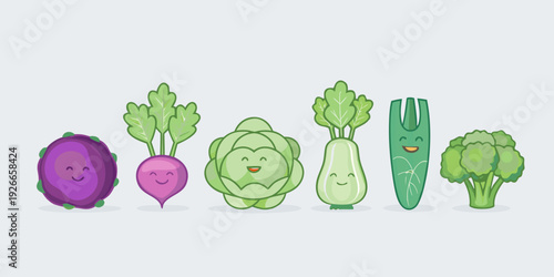 Adorable cartoon vegetables with smiling faces in a colorful arrangement