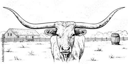 Detailed sketch of a longhorn bull facing forward in a rural setting