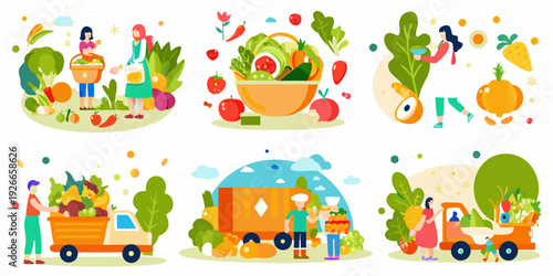Colorful illustration showcasing healthy food farmers and vibrant market scenes