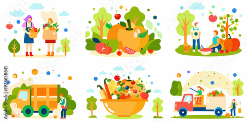 Colorful illustration of autumn harvest farm produce and people enjoying fall
