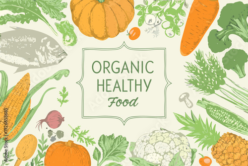 A vibrant illustration showcasing various organic fruits vegetables and seafood