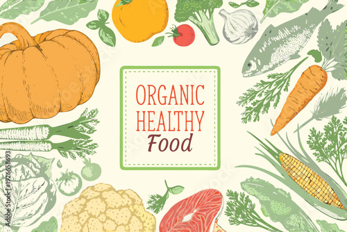 A colorful arrangement of fruits and vegetables with an organic food label