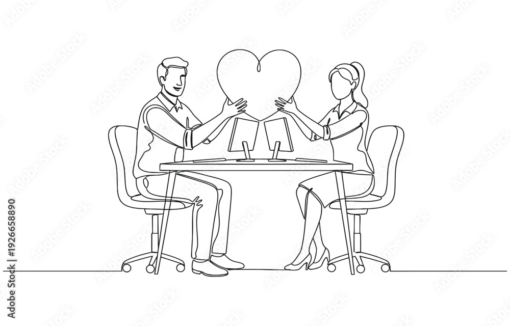 Fototapeta premium Continuous one line drawing of male and female employees making.