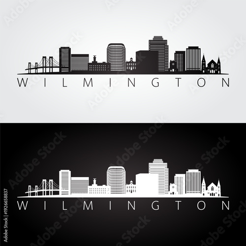 Wilmington, DE skyline and landmarks silhouette, black and white design, vector illustration.  