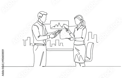 Continuous one line drawing of male and female employees making.