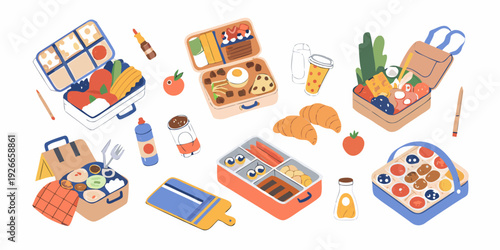 Colorful illustration of various bento boxes and lunchtime food items