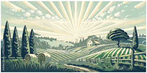 Serene countryside landscape with vibrant sunburst and rolling green hills
