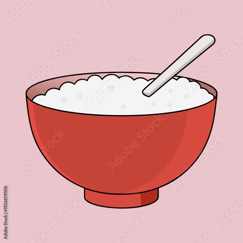 A red bowl filled with white porridge and a silver spoon