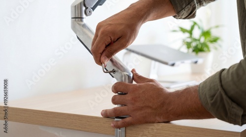 Wallpaper Mural Male technician adjusts a monitor arm on a wooden desk in a modern office setting with a plant and laptop visible in the background Torontodigital.ca
